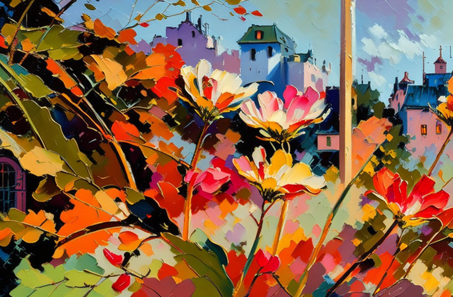 Colorful painting of red and yellow flowers against a stylized cityscape