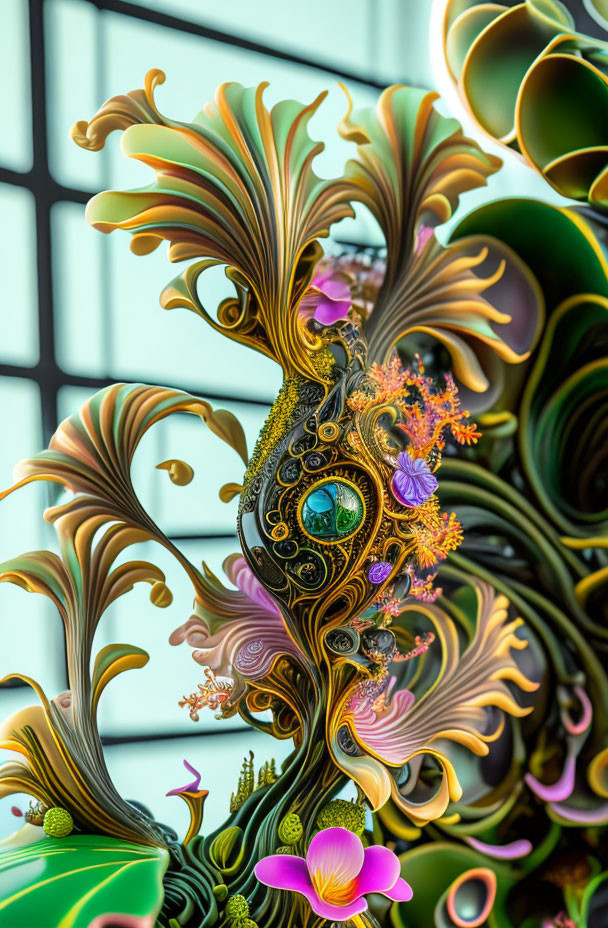 Colorful digital artwork: intricate fractal patterns, leaf and flower motifs, jewel-like elements.