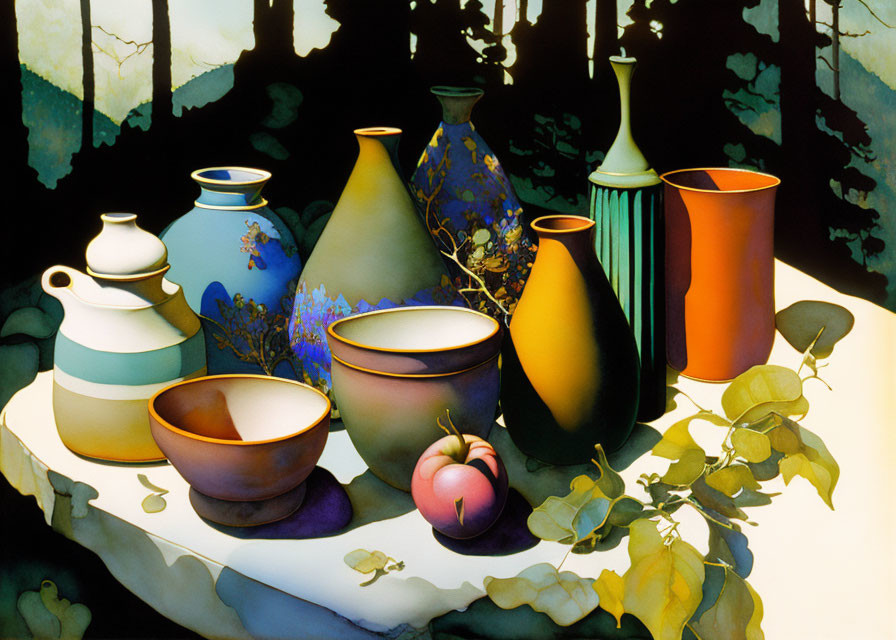 Assorted vases, peach, foliage on dark background