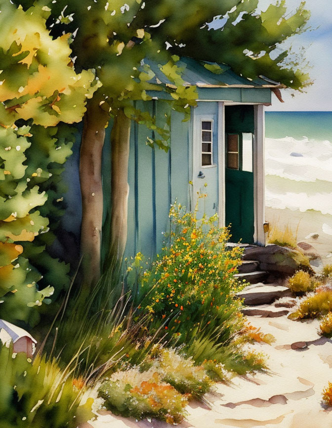 Blue Beach Shack Surrounded by Greenery in Watercolor