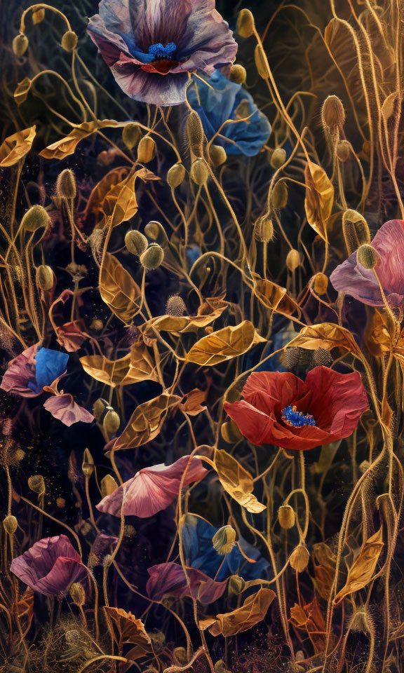 Colorful poppies and buds against a dark, moody background.