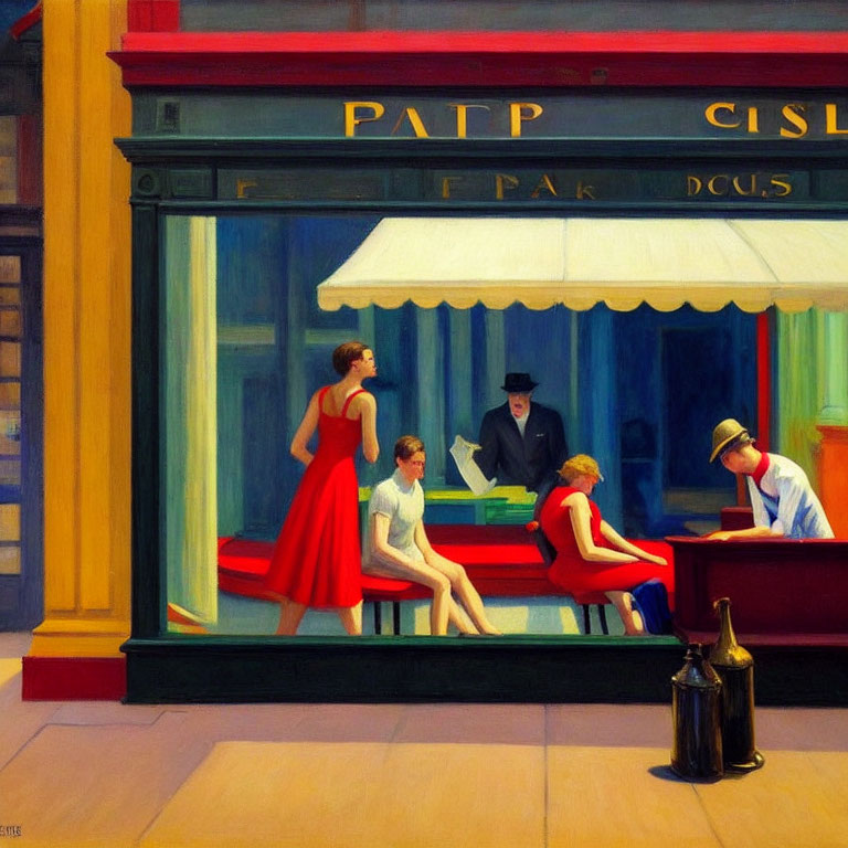 Mid-century urban life painting with individuals outside a cafe in bold red and yellow tones