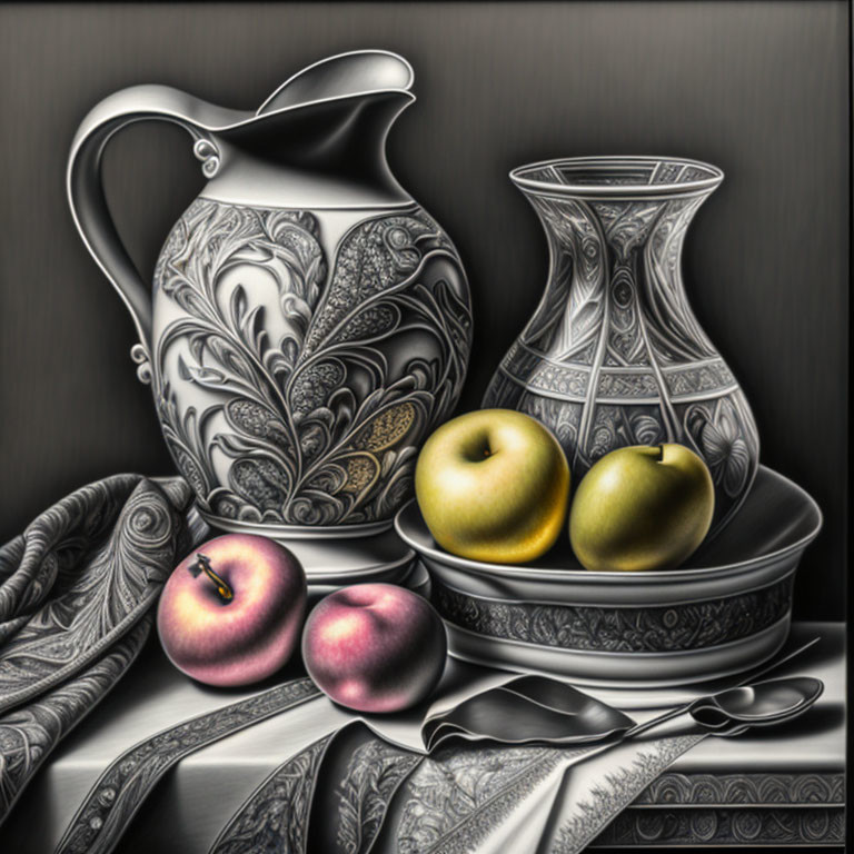 Monochromatic still life with ornate pitcher, glass vase, silver bowl, apples, and draped