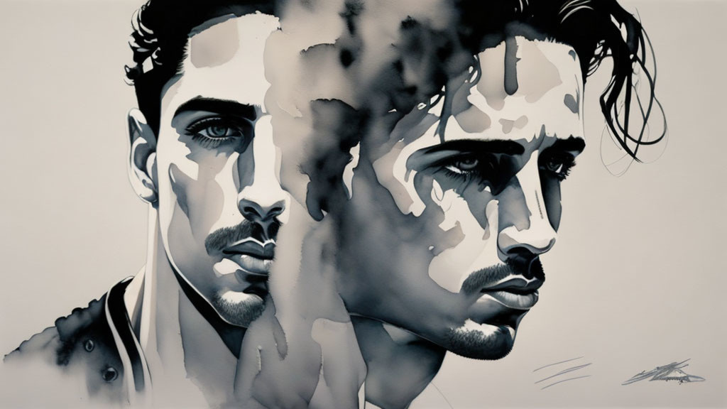 Monochrome artwork depicting two male faces, one clear and the other dissolving in water.
