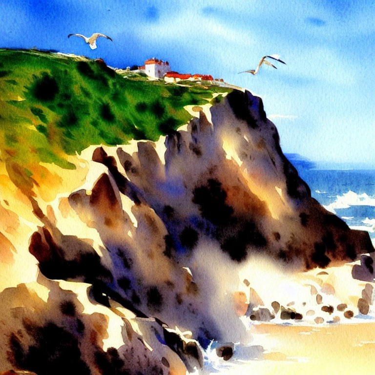 Vibrant Watercolor Painting of Coastal Scene with Rocky Cliff and Seagulls