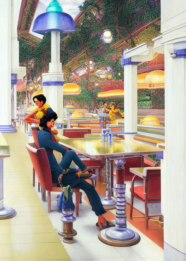 Illustrated retro diner with vibrant decor and detailed ceiling