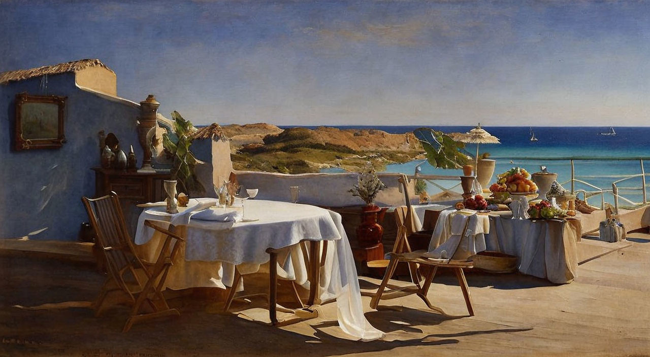 Tranquil coastal terrace with set table and sailboats in the distance