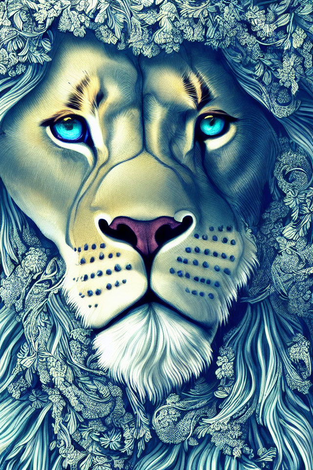 Colorful Lion Illustration with Blue Eyes and Detailed Mane