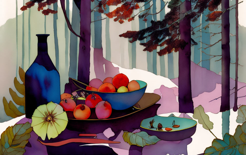 Autumn-themed still-life watercolor painting with fruit bowls and stylized trees.