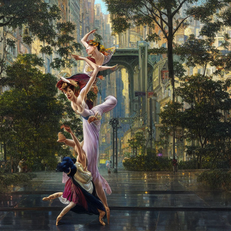 Three ballet dancers executing a lift in a futuristic urban park.