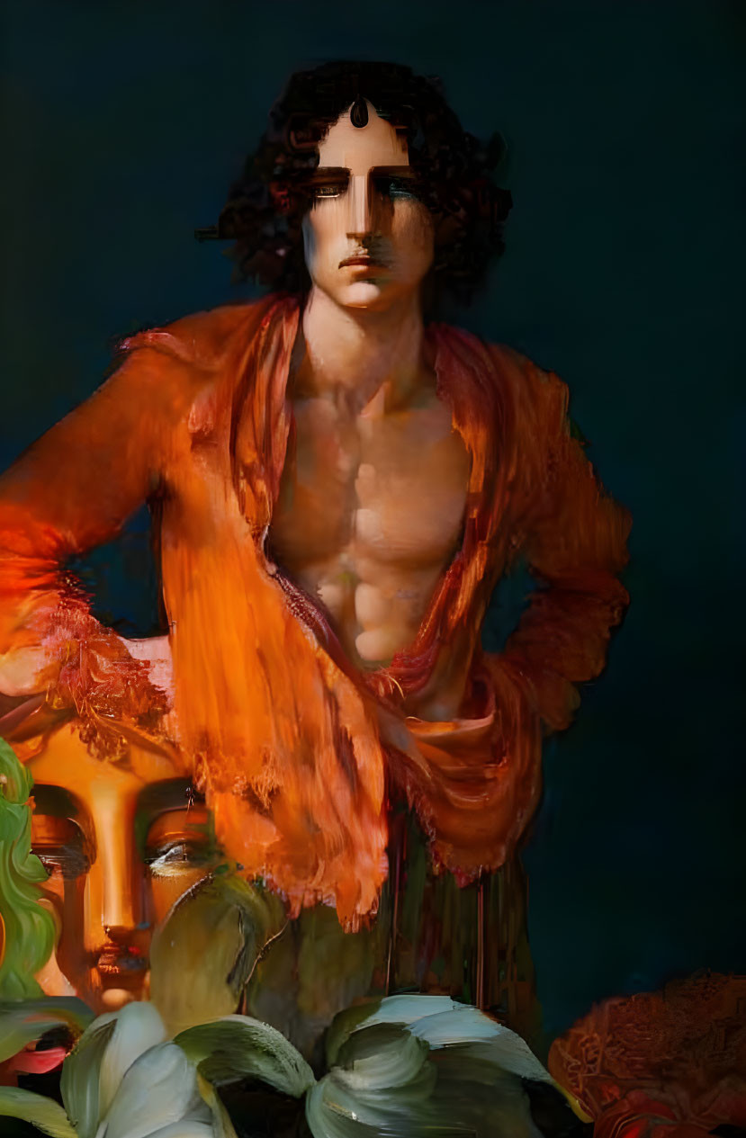 Classical sculpture with orange drapery on dark background