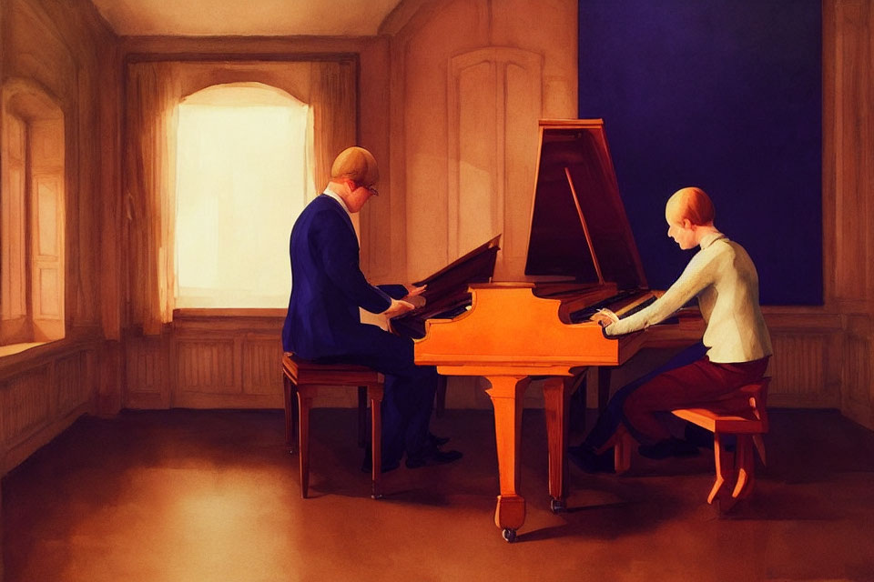 Duet performance on grand piano in warmly lit room