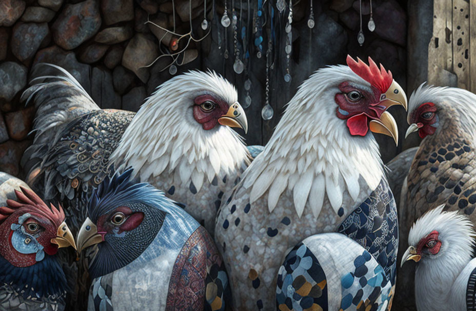 Colorful patterned chickens against stone wall with hanging ornaments