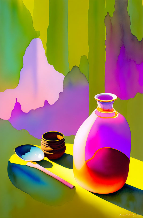 Colorful digital artwork of pink vase, spoon, and bowls on yellow surface with abstract background