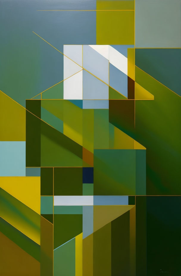 Geometric Abstract Painting in Green, White, Beige, and Blue