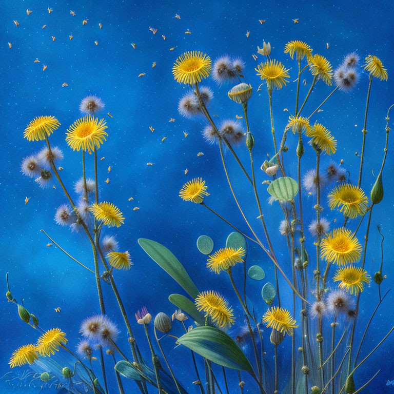 Colorful dandelion artwork on starry blue background