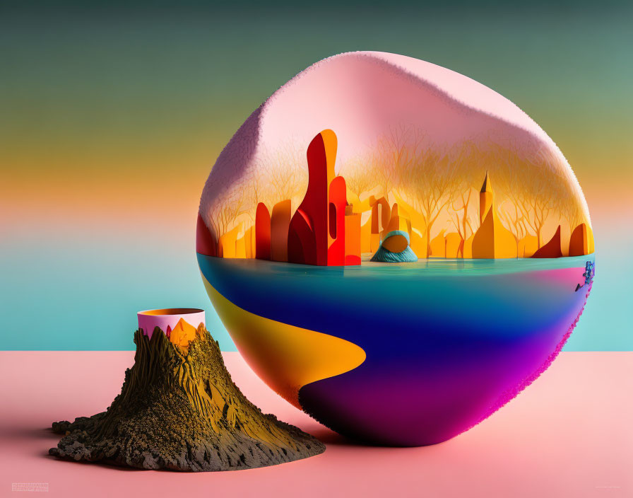 Colorful Split Sphere Illustration: Urban Landscape and Autumn Boat Scene with Miniature Volcano