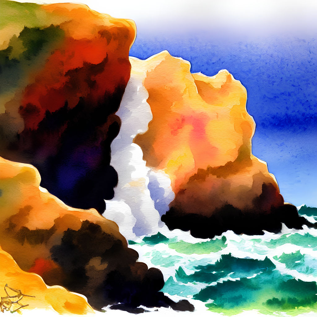 Colorful watercolor painting of rugged cliffs and dynamic ocean in rich blues, oranges, and whites,