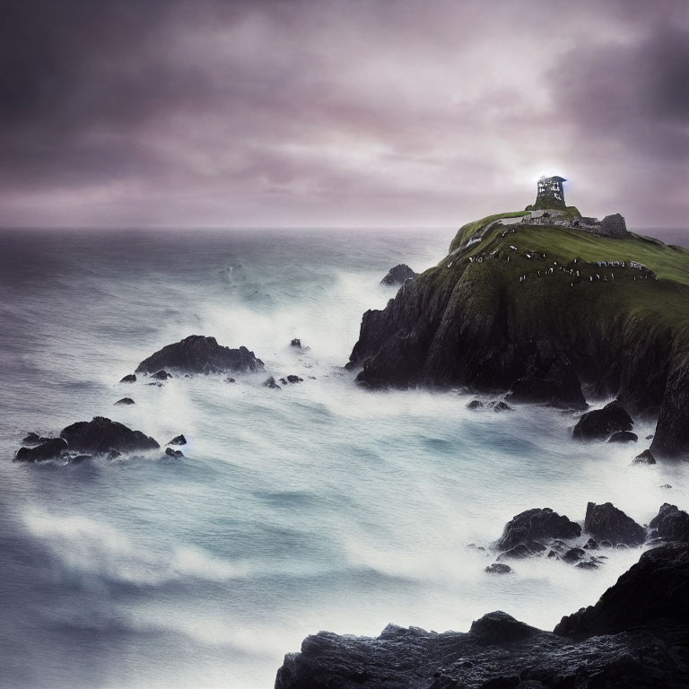 Misty coastal scene with turbulent sea waters and dramatic cliff structure