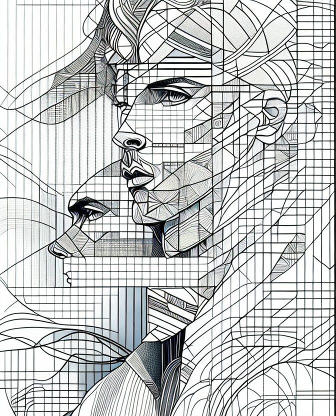 Abstract geometric line art of a profile with intricate patterns and shapes.