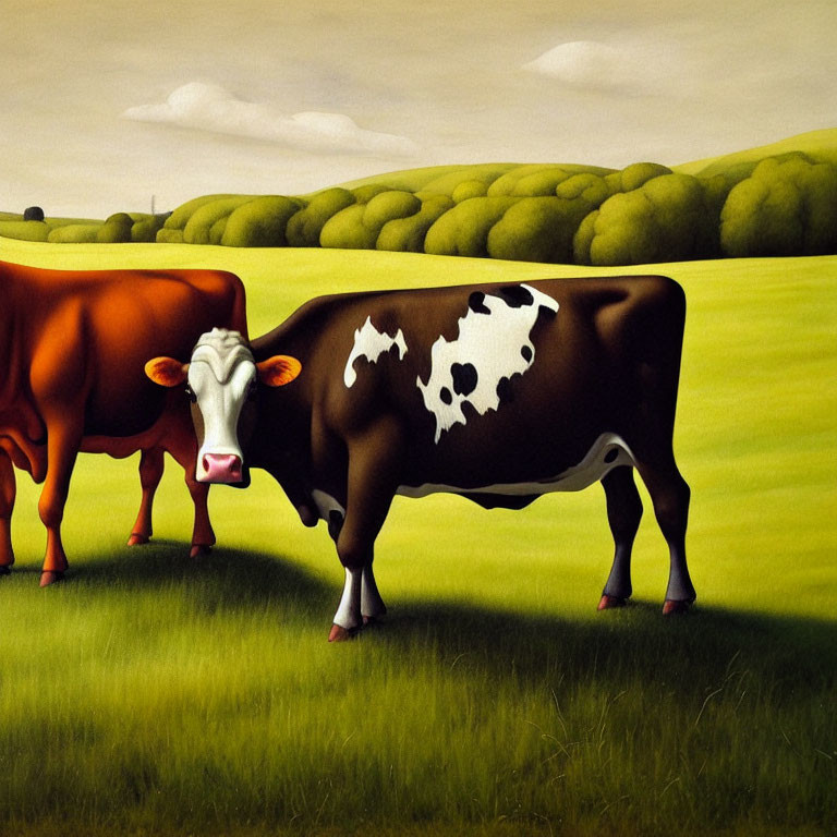 Stylized cows in green pasture with rolling hills