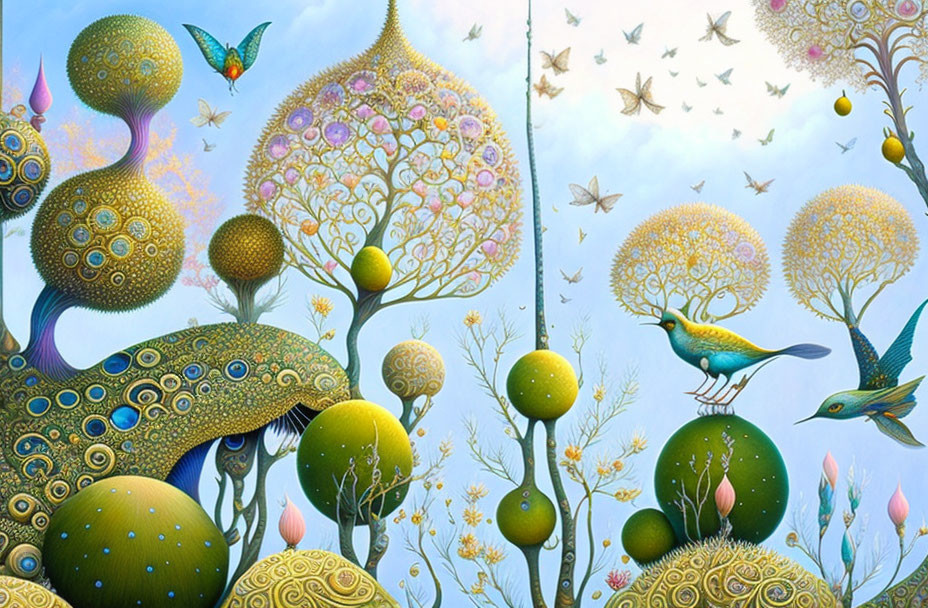 Vibrant surreal landscape with detailed flora, fauna, and flying birds