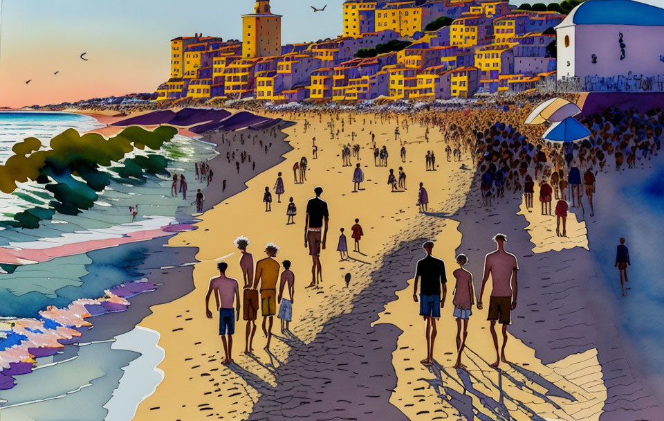 Vibrant beach scene with crowd, buildings, birds, shadows, and umbrella