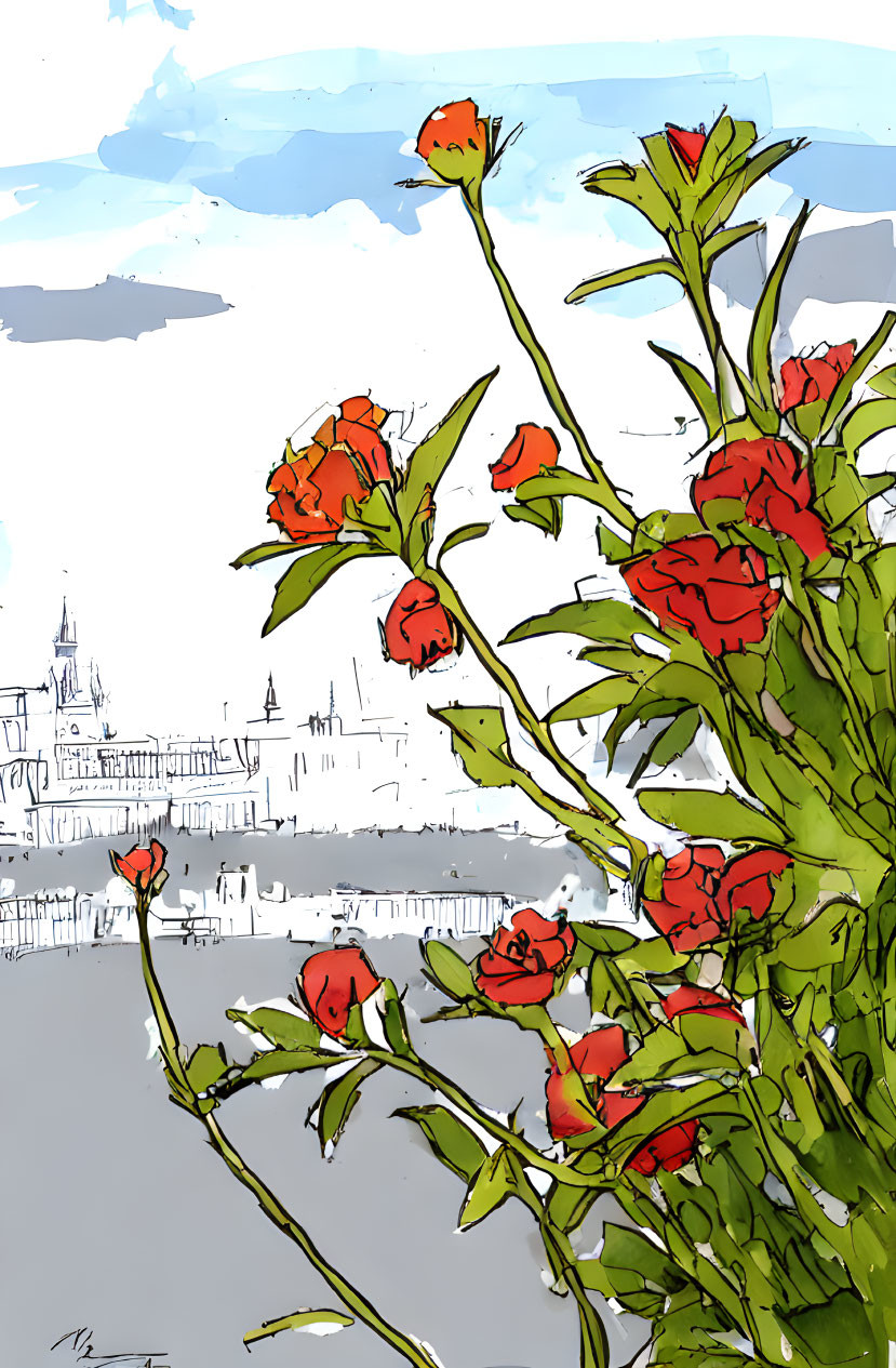 Vibrant red flowers with sketch-like cityscape and blue skies