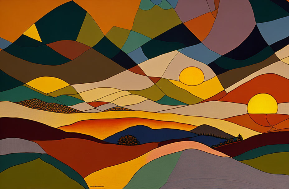 Colorful Abstract Landscape with Wavy Patterns and Tree Silhouette
