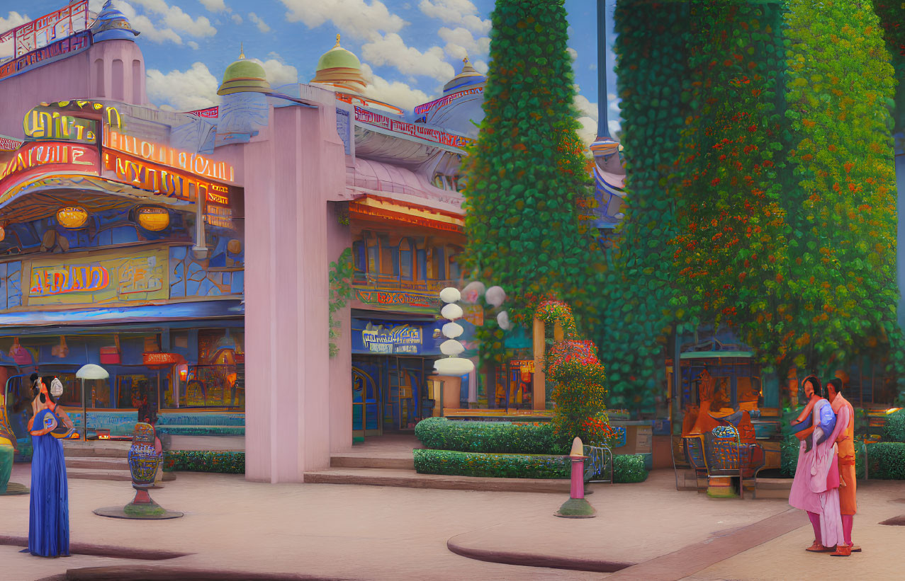 Vibrant street scene with movie theater, people, and lush vegetation