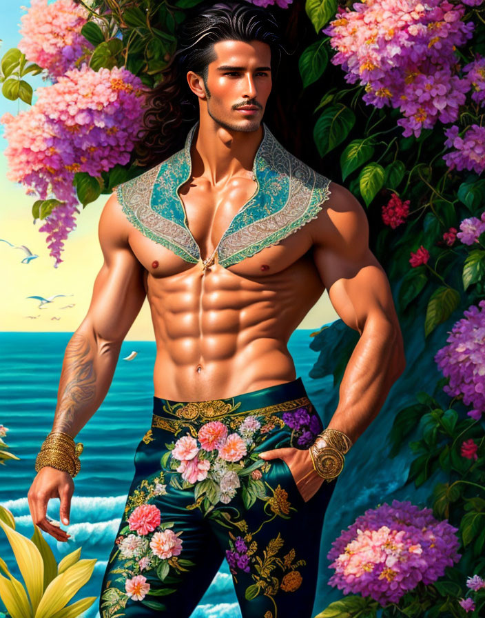 Muscular man with long hair in ornate attire among vibrant tropical setting