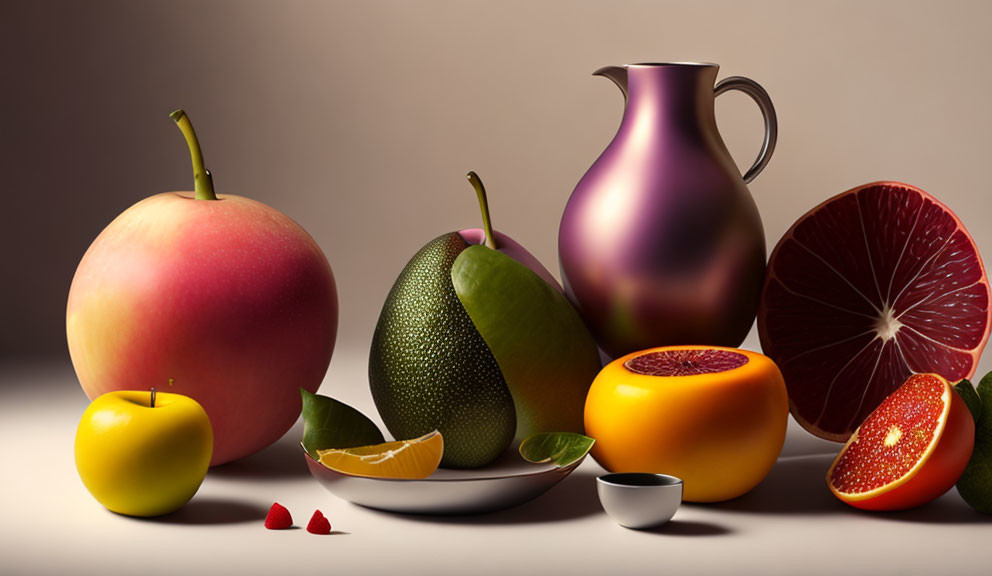 Assorted fruits - apples, pear, citrus - with purple jug on neutral background