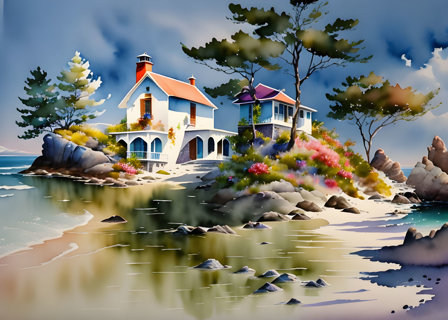 Tranquil coastal landscape with white house, blue accents, trees, rocks, flowers, and calm