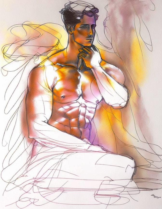 Colorful hand-drawn artwork of a muscular, winged male figure in a contemplative pose with