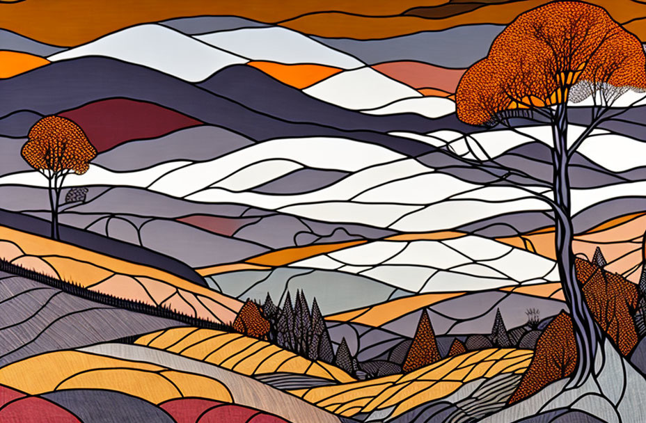 Colorful Stylized Landscape with Rolling Hills & Exaggerated Trees