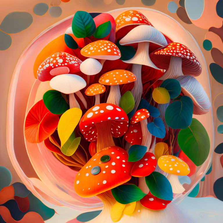 Colorful surrealistic cluster: red and white polka-dotted mushrooms, multicolored leaves,