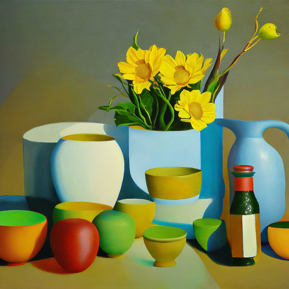 Vibrant yellow flowers in blue jug with colorful bowls, vase, and bottle on table