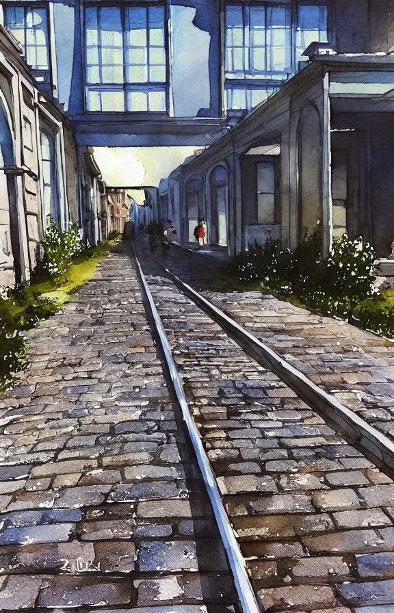 Cobblestone Street Watercolor Painting with Train Tracks and Old Buildings