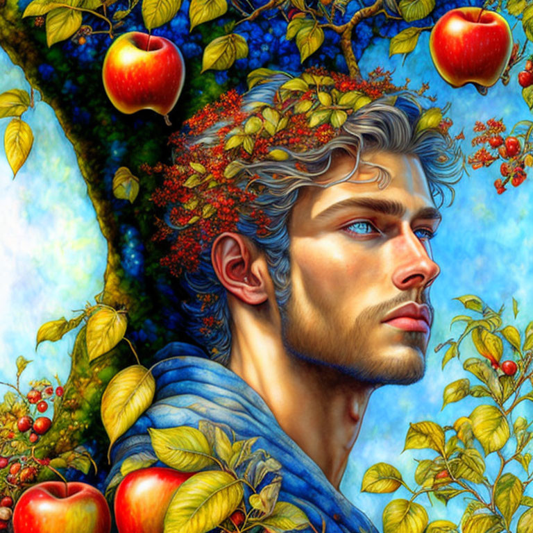 Man with Leaves and Fruit in Hair Surrounded by Lush Foliage and Apples