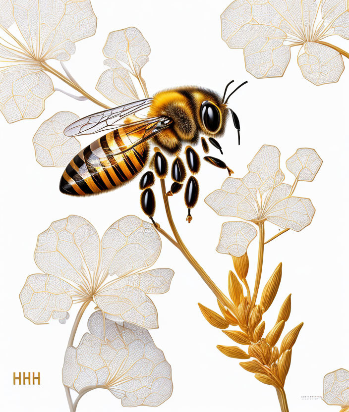 Detailed Illustration: Bee with Transparent Wings on Plant Amid Delicate White Flowers