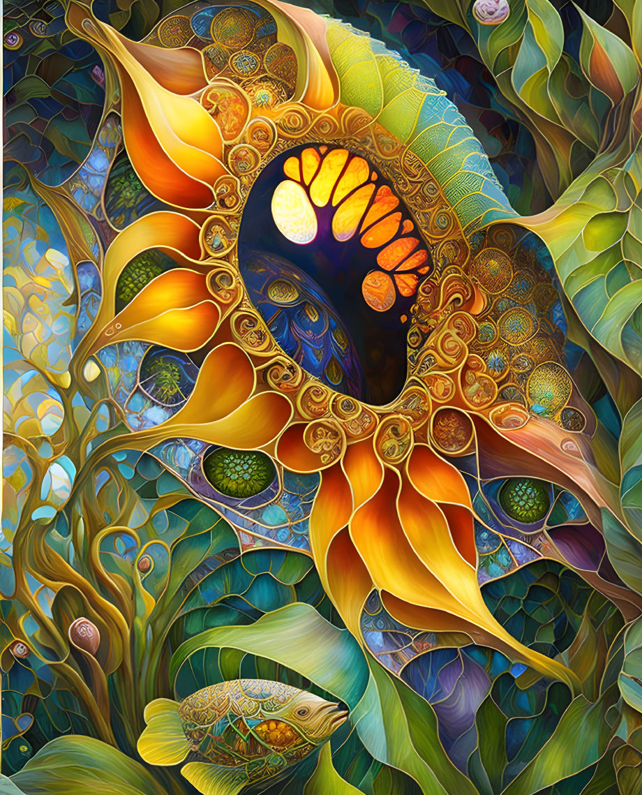 Abstract floral and aquatic illustration with peacock figure, ornate patterns, fish, and lush foliage.