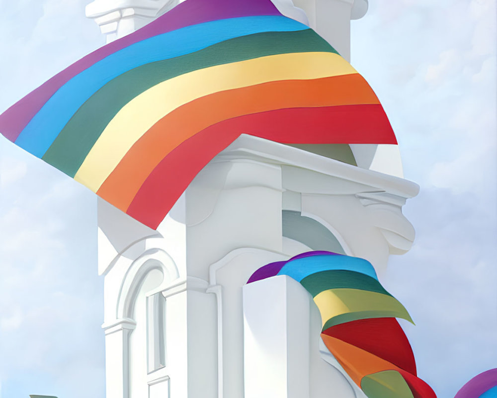 Four people on rainbow structure under cloudy sky