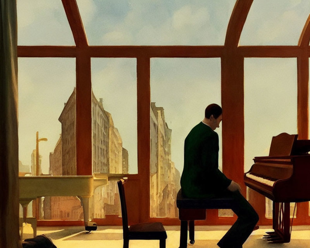 Person playing piano near large window with sunlit buildings and clear sky view