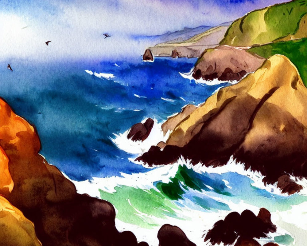 Ocean waves crashing against rocks in watercolor painting.