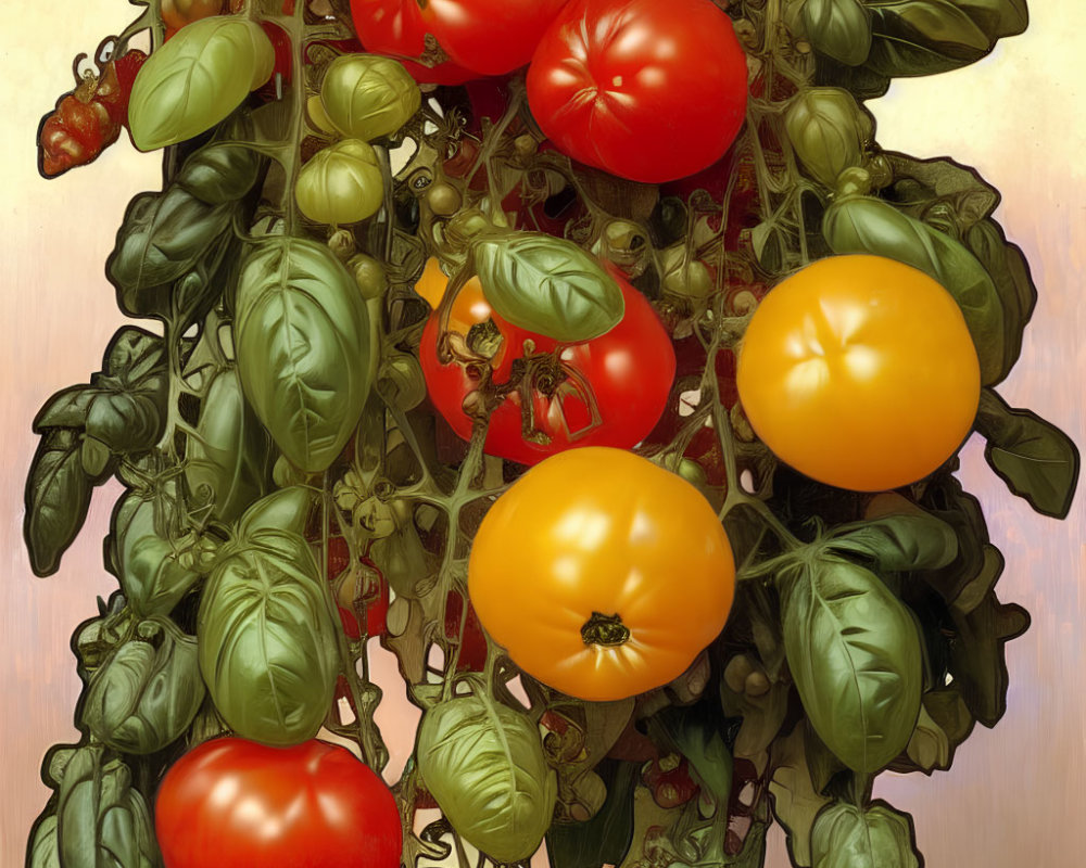 Vibrant red and yellow tomatoes with green basil leaves on vine.