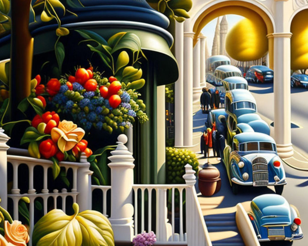 Whimsical street scene with lush trees, colorful flowers, classic cars, and charming buildings