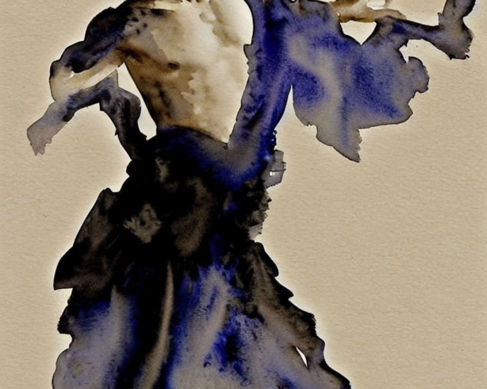 Figure in Wide-Brimmed Hat and Flowing Dress Watercolor Painting