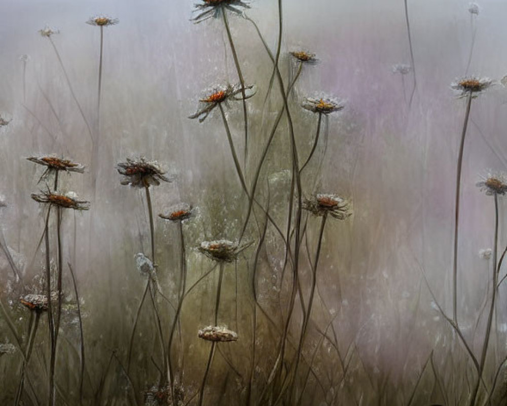 Misty meadow with tall wildflowers and soft glow