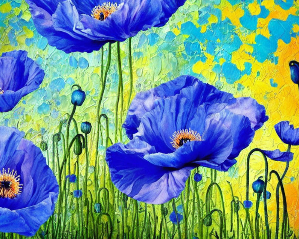 Colorful painting of blue poppies on textured background in garden scene