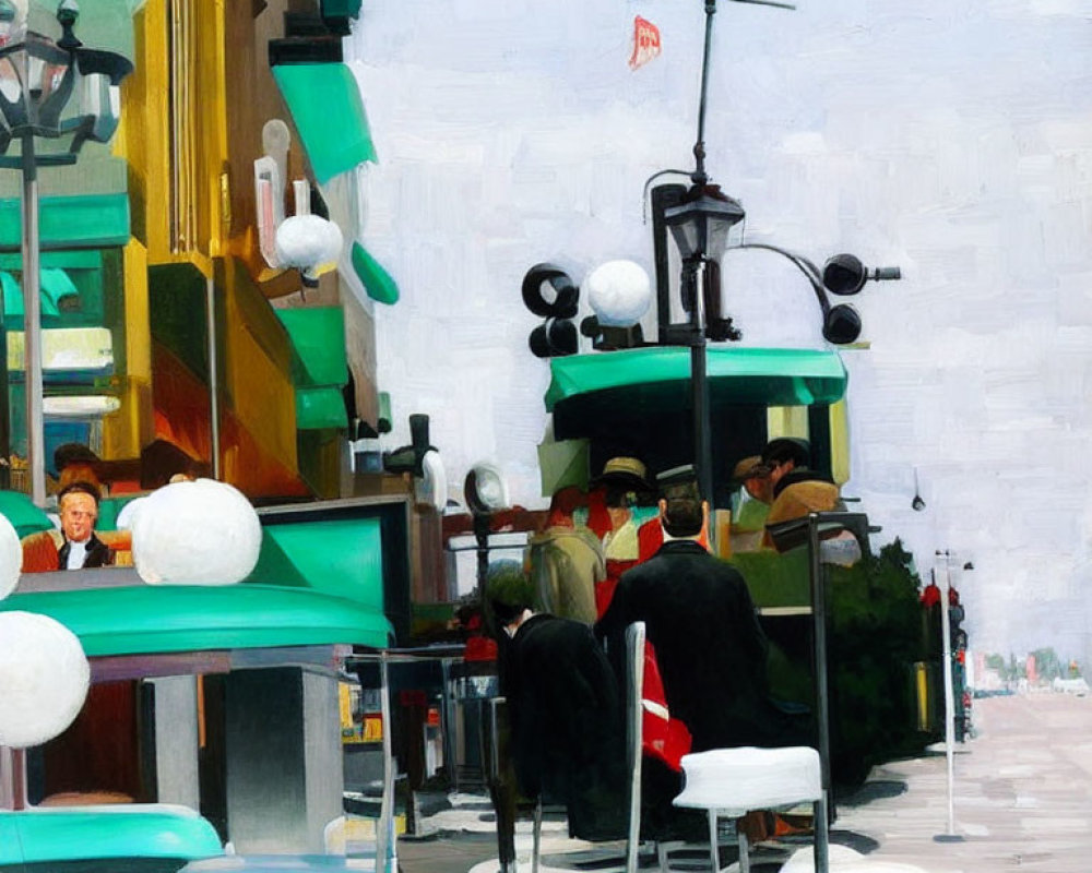 Impressionist-style painting of bustling street scene with green diner and patrons.